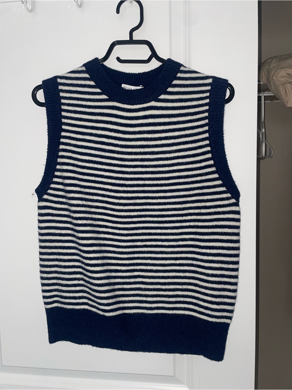 Navy and Cream Striped Knit Sleeveless Sweater Vest